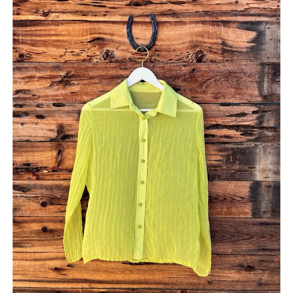 UNBRANDED | Sheer Lime Green Collared Button Down Flowy Blouse S